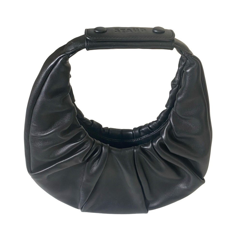 Staud Soft Moon Bag Black Leather Ruched Crescent Hobo Handbag Small